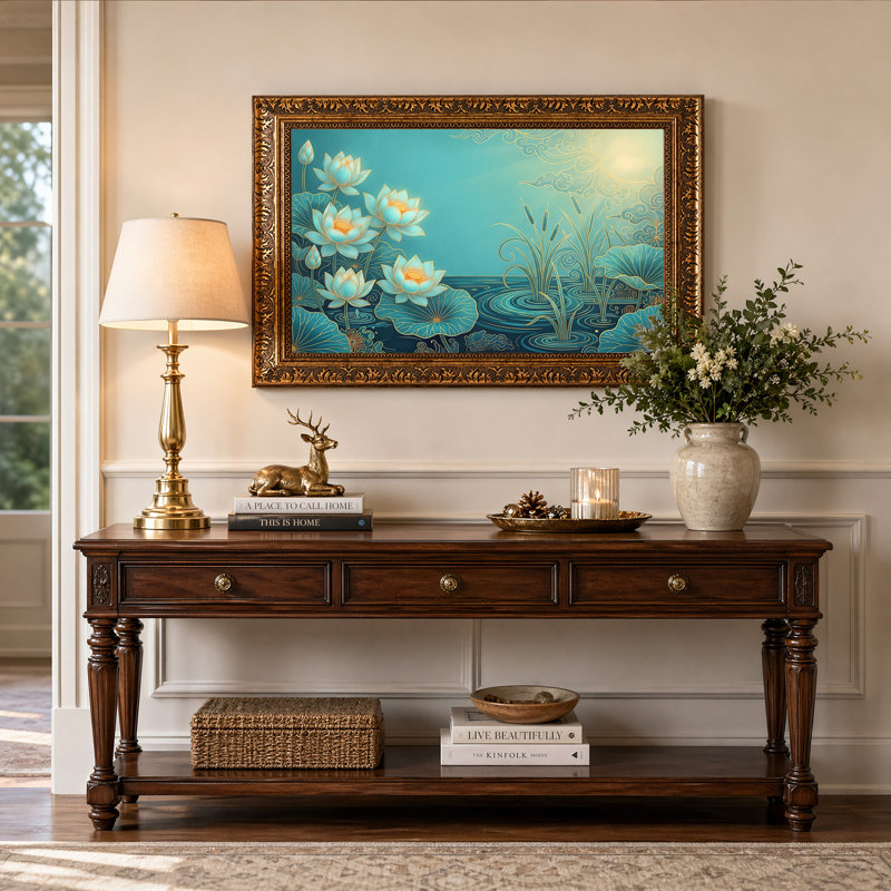 Art mural sur toile, fleurs de lotus sarcelle et quenouilles avec contours dorés, 12"H x 18"W