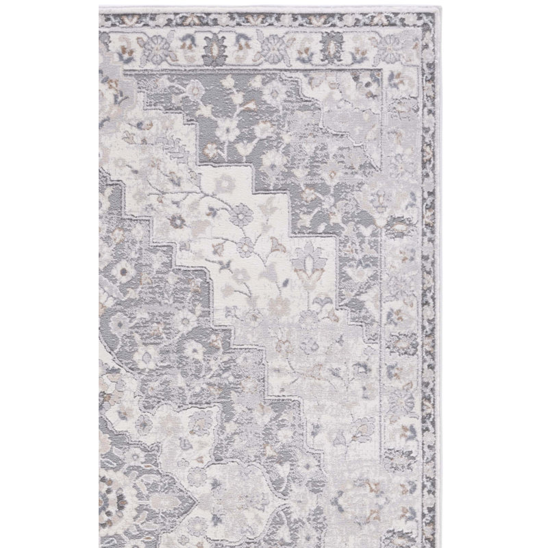 Tapis oriental gris en polypropylène / polyester tissé à la machine, Rectangle 9 pi x 12 pi