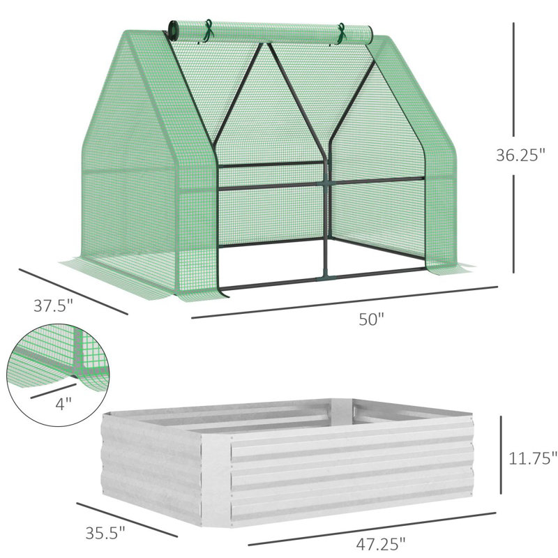 Galvanized Raised Garden Bed With Mini Greenhouse Cover, Outdoor Metal Planter Box With 2 Roll-Up Windows For Growing Flowers, Fruits, Vegetables, And Herbs, 50" X 37.5" X 36.25"