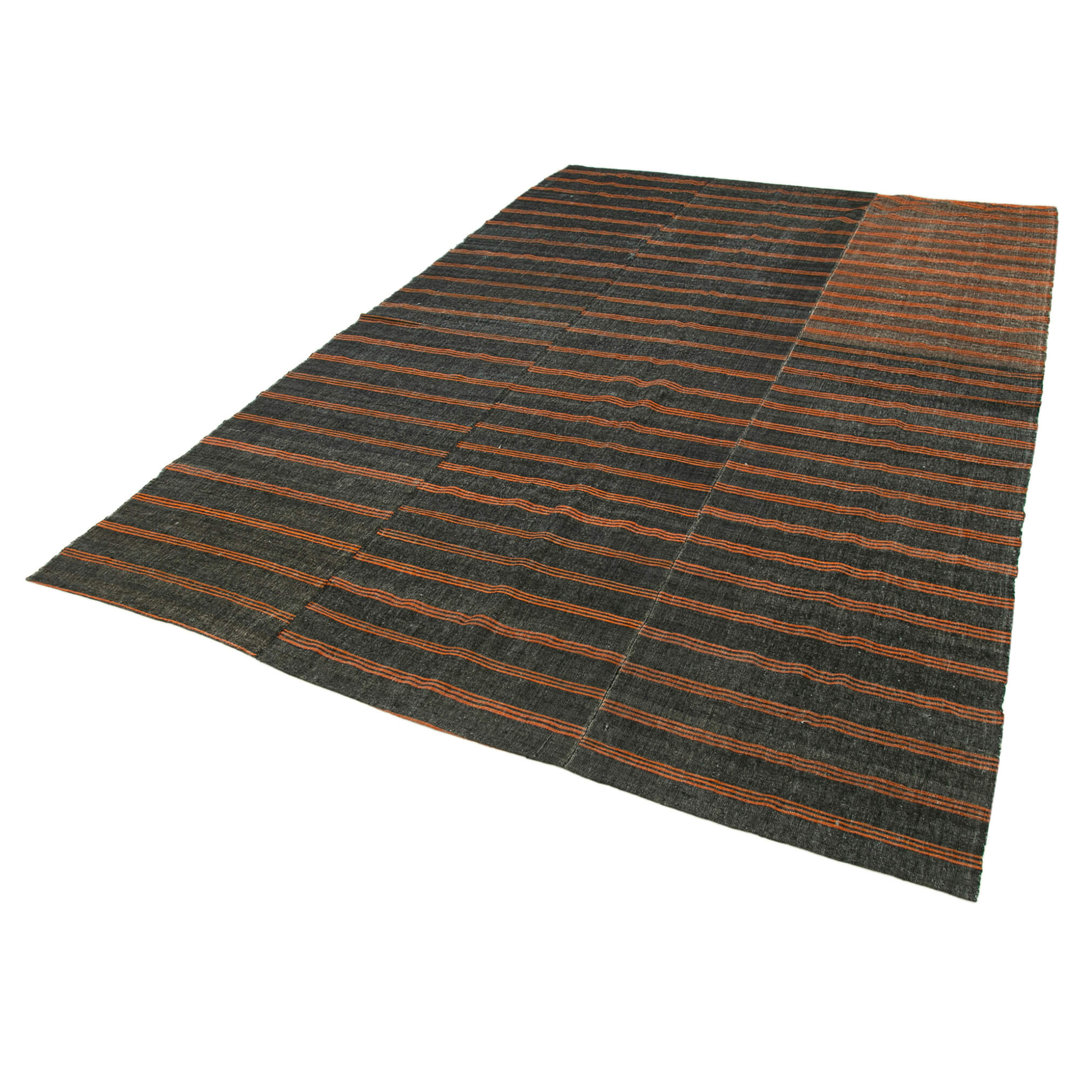 Striped Kilim Black Striped Wool Handmade Area Rug