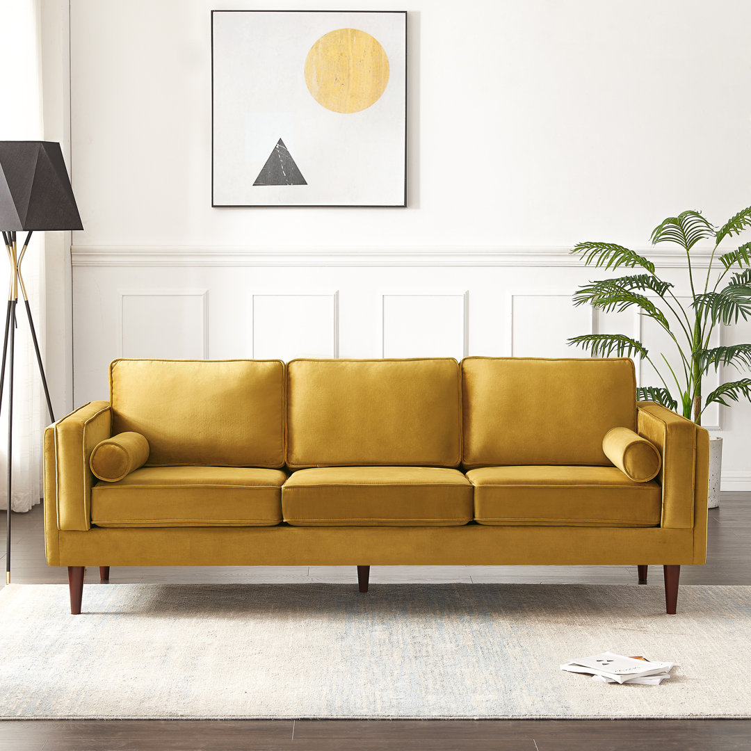 Candius 86" Velvet Square Arm Sofa with Reversible Cushions Wade Logan® Size: 32" H x 86" W x 35" D Fabric: Velvet Gold, Cushion Fill: Foam