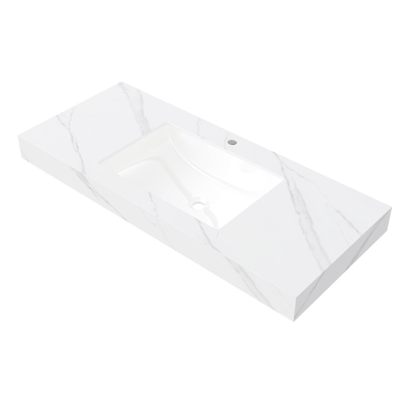 Comptoir en pierre frittée blanche de 48 po et lavabo encastré en céramique avec un trou de robinet pré-percé standard, aucune armoire, aucun robinet et couvercle d'évier