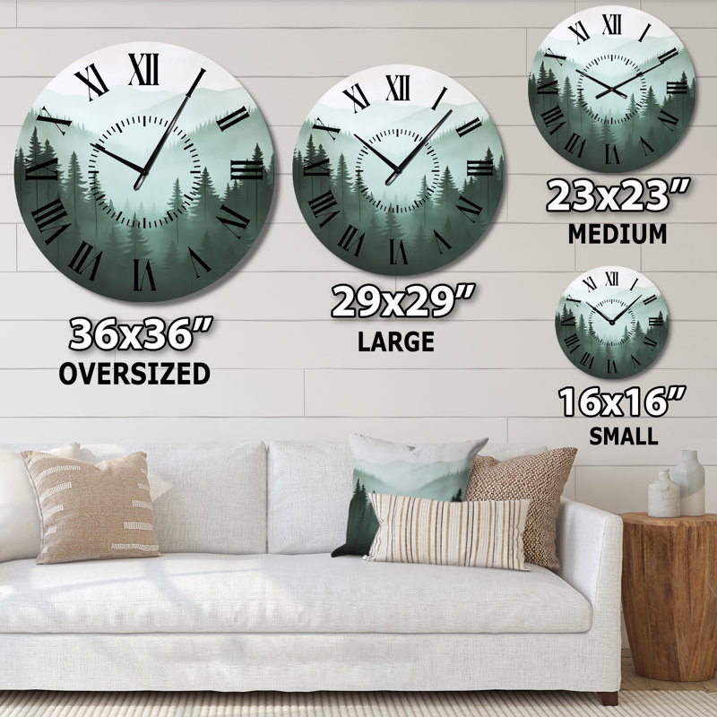 Horloge murale en métal « Forêt de pins des Highlands » - Nature verte, imprimée sur métal, Surdimensionné