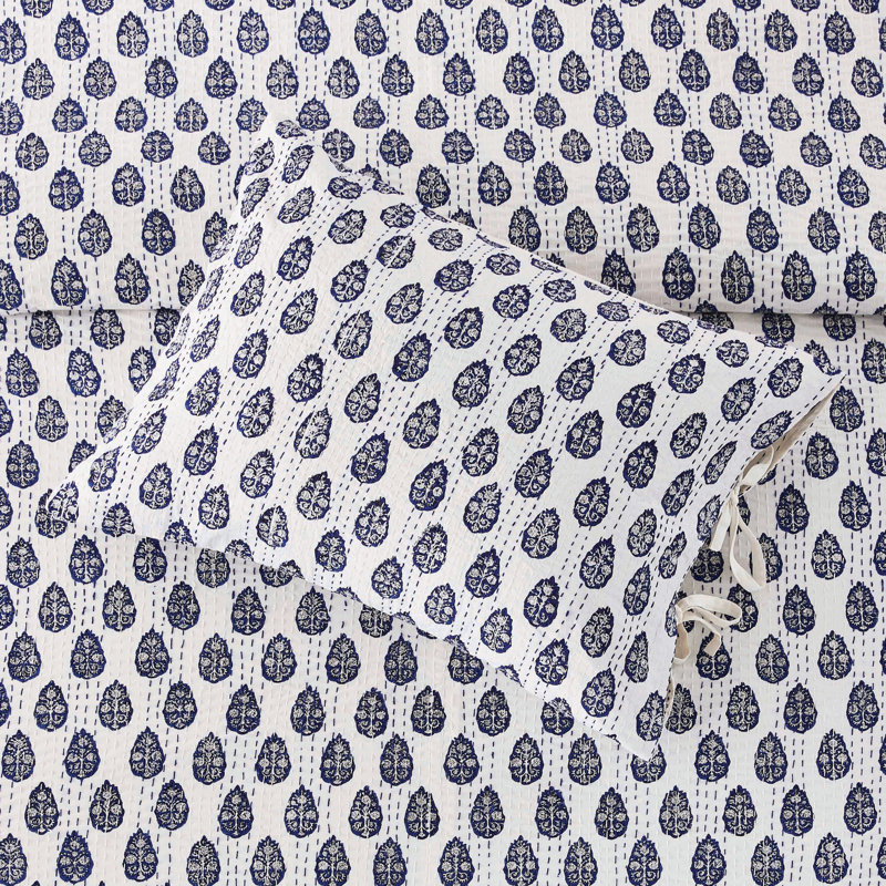 Handstitched Floral Kantha Coverlet, King Coverlet