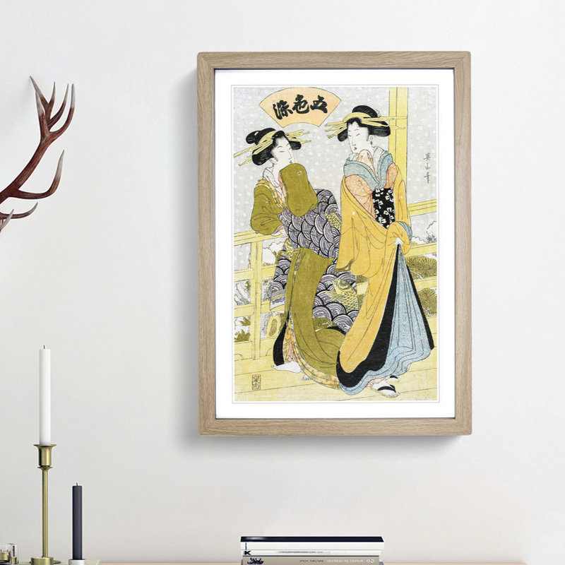 Two Courtesans on a Balcony by Kikukawa Eizan - Picture Frame Painting Print, Oak Framed, 36cm H x 27cm W x 2cm D
