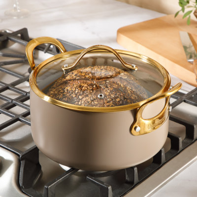 Bloomhouse 6 Quart Heavy Duty Aluminum Premium PFA Free Ceramic Nonstick Dutch Oven Pot with Lid - Cappucino Cream with Gold Handle