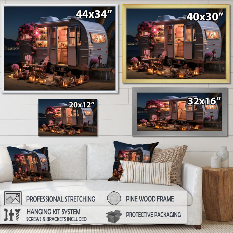 Pink Camping Van Desert Getaway II - Camping Travel Wall Art, 16" H x 32" W x 1" D, Brown Floater Framed