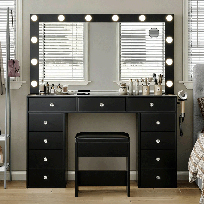 Bureau de coiffeuse avec miroir lumineux et prise de courant, coiffeuse de maquillage avec lumières DEL (noir, 11 tiroirs)