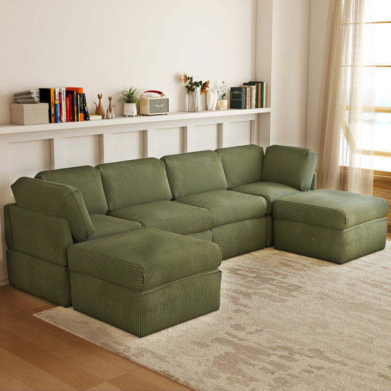 Joko 130.7" 6-Seater Corduroy Reversible Modular Corner Sectional Sofa with Ottoman U-Shape, Green Corduroy