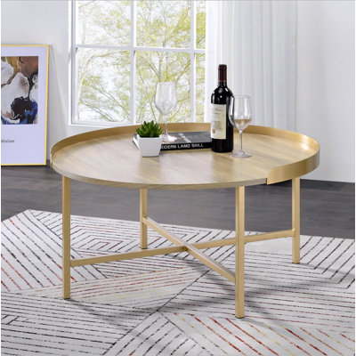 Table basse avec plateau en chêne et or
