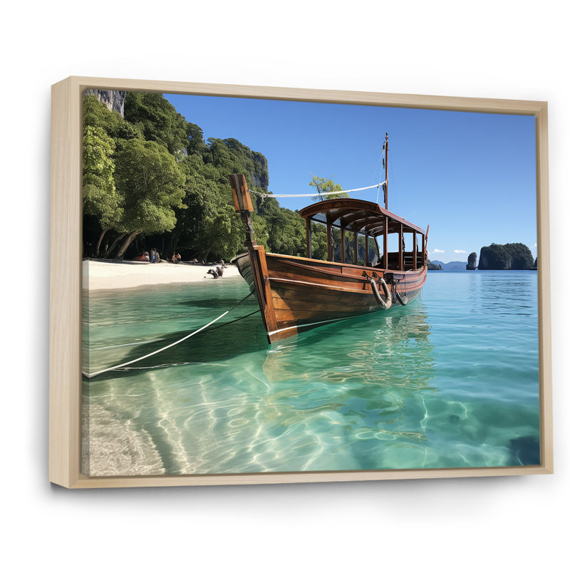 Bateau au paradis des sables de Krabis II - plage, art mural, Cadre flottant brun, H 30 po x l 40 po x P 1,5 po