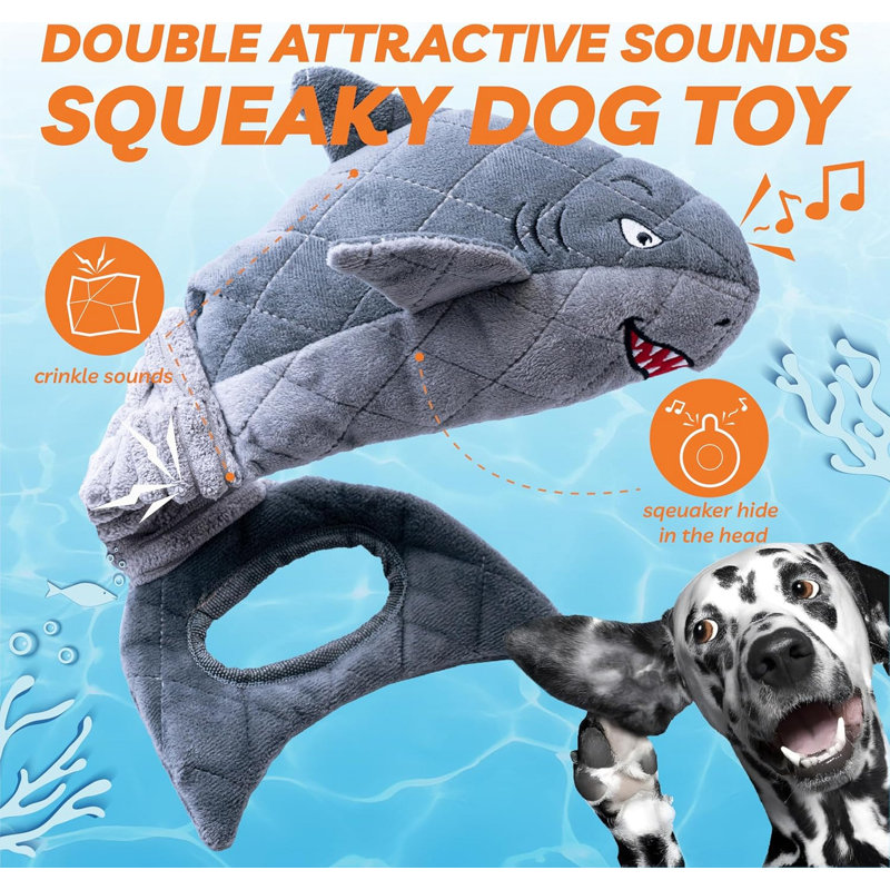 Squeaky Shark Dog Tug Toy avec papier froissé et queue de traction, Gris