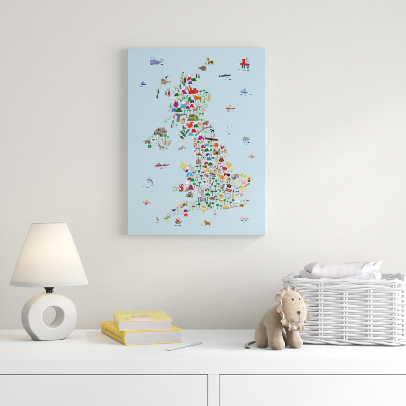 «Animal Map of Great Britain & NI for Children and Kids Blue», art sur toile, H 19 po x l 14 po x P 2 po
