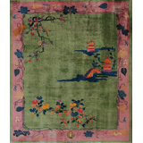 Antique Wool Pile Green Color Hand Knotted Chinese Art Deco Area Rug