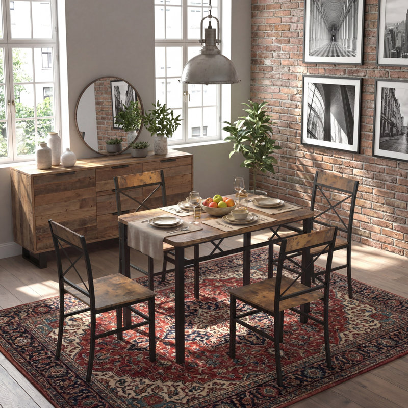 Ensemble de salle à manger industriel compact 4 pièces pour petits espaces, table en bois brun rustique de 43 pouces et 4 chaises