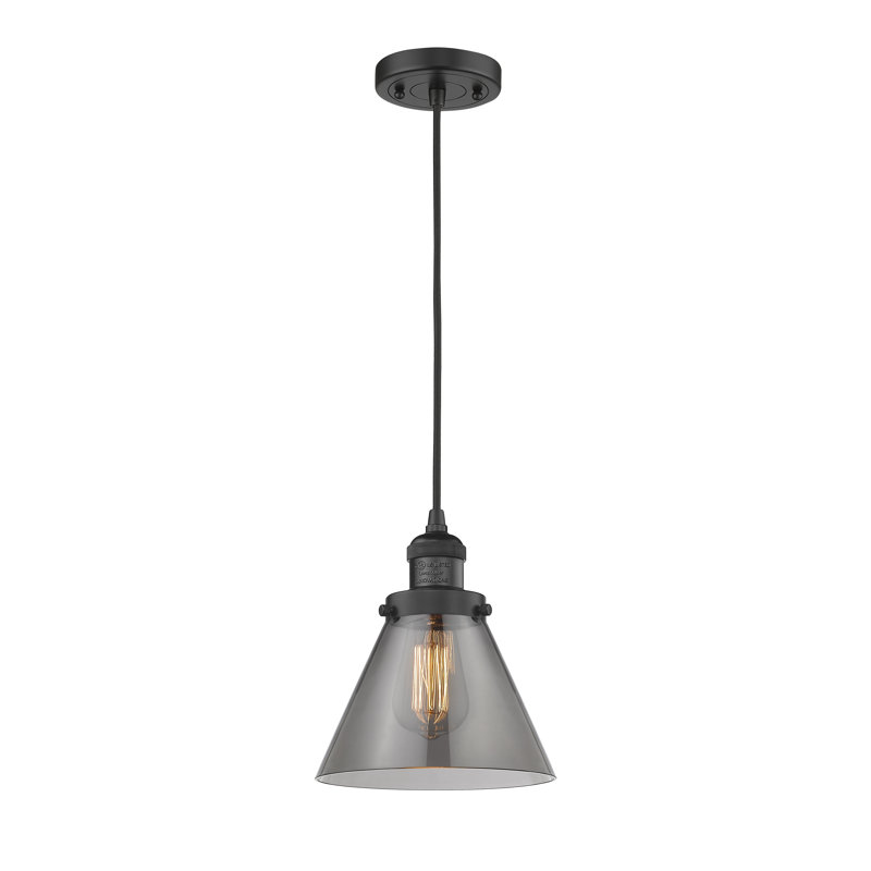 Luminaire suspendu 1 lumière à cône simple Vistawood, Noir mat, Plaqué couleur fumée, H 129,13 po x l 7,75 po x P 7,75 po