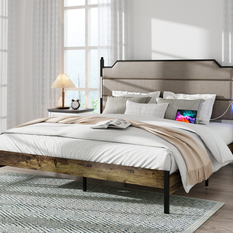 King Size Bed Frame With Upholstered Headboard, Ports, Smart Led Lights, Wood Slats, No Box Spring Needed, Modern Design Charging Feature, Adjustable Solid Slat, Required