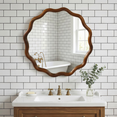 Miroir mural rond ondulé 24 pouces, cadre en bois de noyer noir massif pour chambre à coucher, salle de bain, salon, vestibule | Idée de cadeau