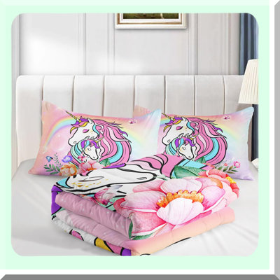 Rainbow Floral Queen Comforter Set - Ultra-Soft 3 Piece Bedding for All Seasons - Lightweight & Breathable Unicorn Family Bed Set with Pillow Shams