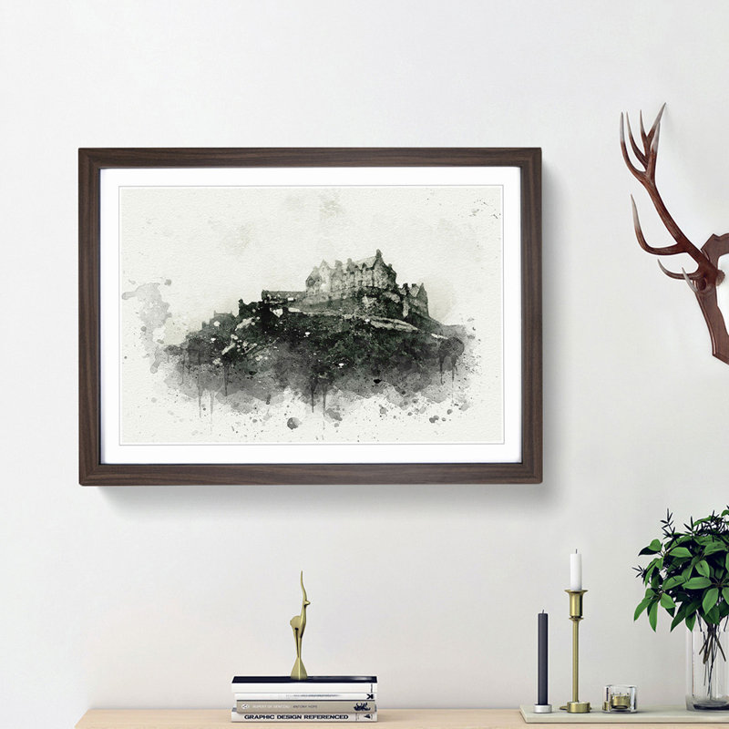 Edinburgh Castle in Scotland in Abstract - Picture Frame Painting Print on MDF, Walnut Framed, 27cm H x 36cm W x 2cm D