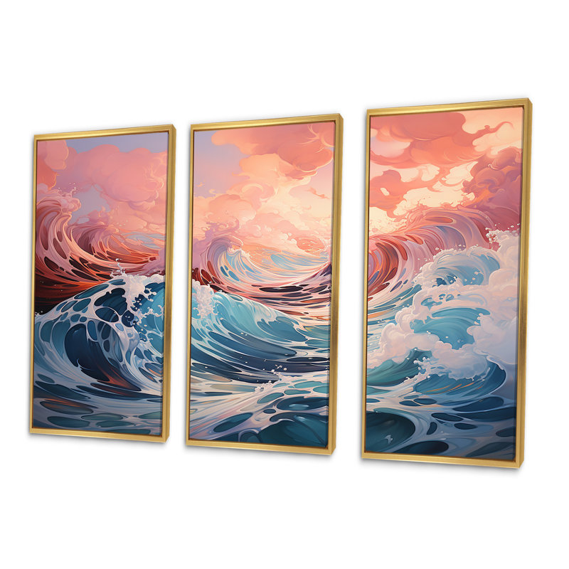«Aqua Pastel Clouds Lansdcape II», ensemble d'art mural sur toile, Cadre flottant doré, H 40 po x l 60 po x P 1 po