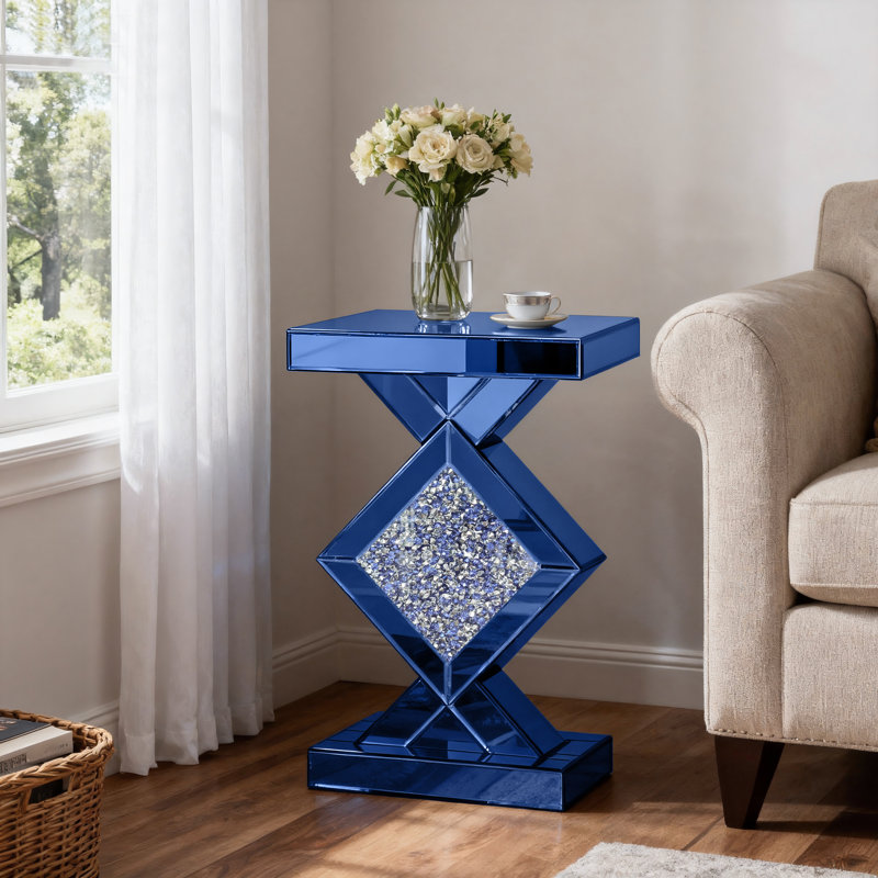 Grande table de bout à piédestal en verre miroitant de 23 po avec incrustation de cristal Amla, Bleu