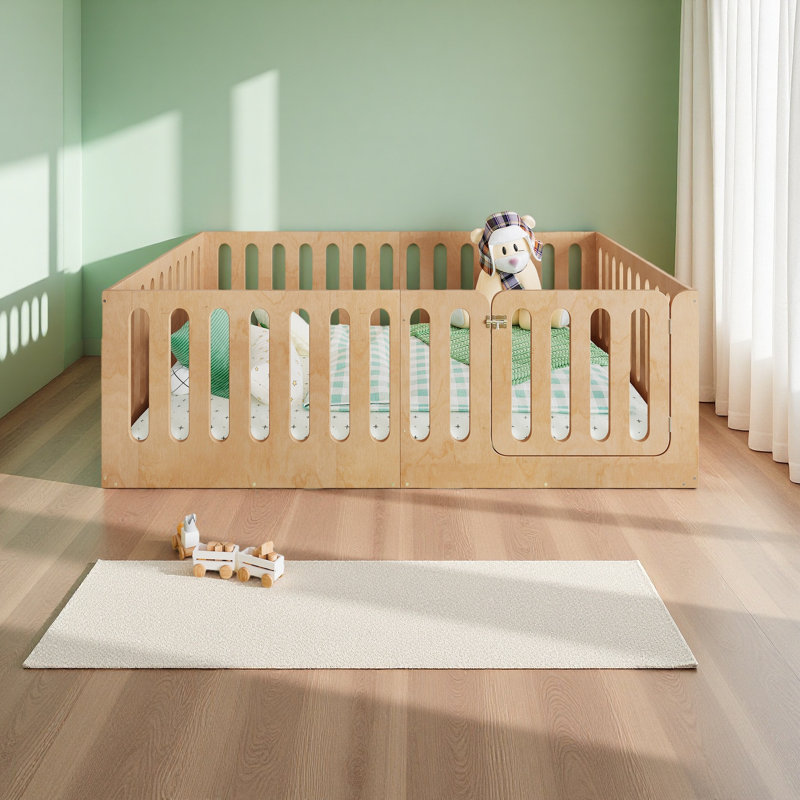 Floor Bed With High Fence For Kids, Solid Wood Kids Montessori Bed With Door, Low-Profile And No Box Spring Needed Design