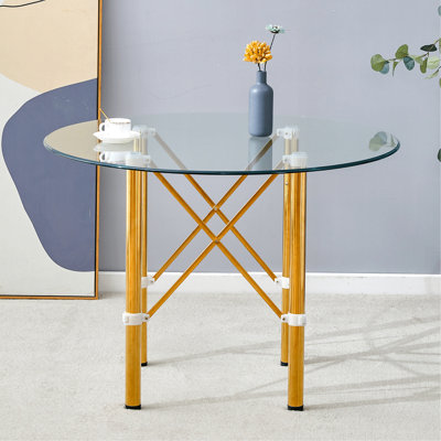 Élégante table ronde en verre transparent transparent de 39,7 pouces de diamètre avec pieds en métal doré. Pieds télescopiques en métal, plateau de table circulaire en verre transparent, raccord à ventouse.
