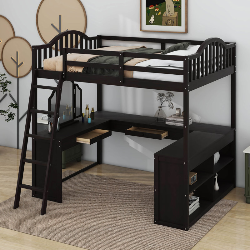 Lit mezzanine double en bois Kedryn avec bureau en U, compartiments de rangement et miroir à trois volets, Espresso