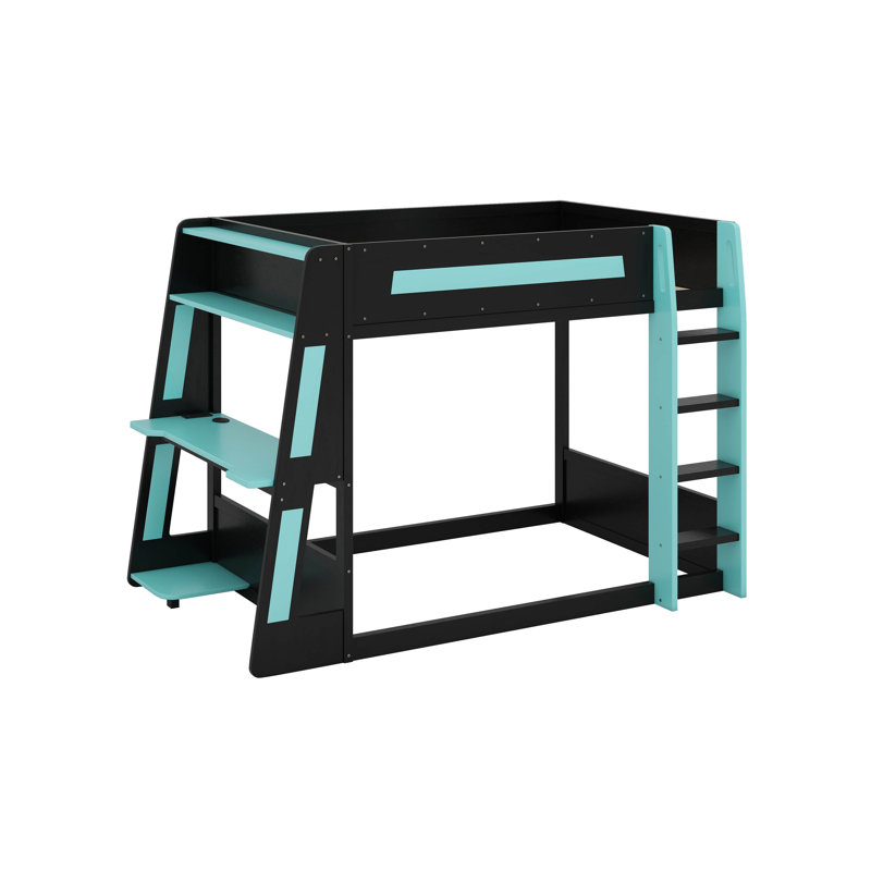 Lit superposé double en bois pleine grandeur avec bureau, USB et DEL, Noir / Bleu, Lit double
