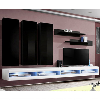 126" Modern Floating Wall Mounted Entertainment Center with 16-Color LED Lighting, High Gloss Finish