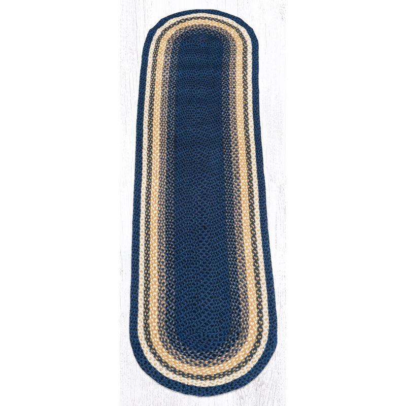  Light Blue, Dark Blue & Mustard Oval Braided Rug – Handcrafted Quality, Oval Runner 2' x 8'