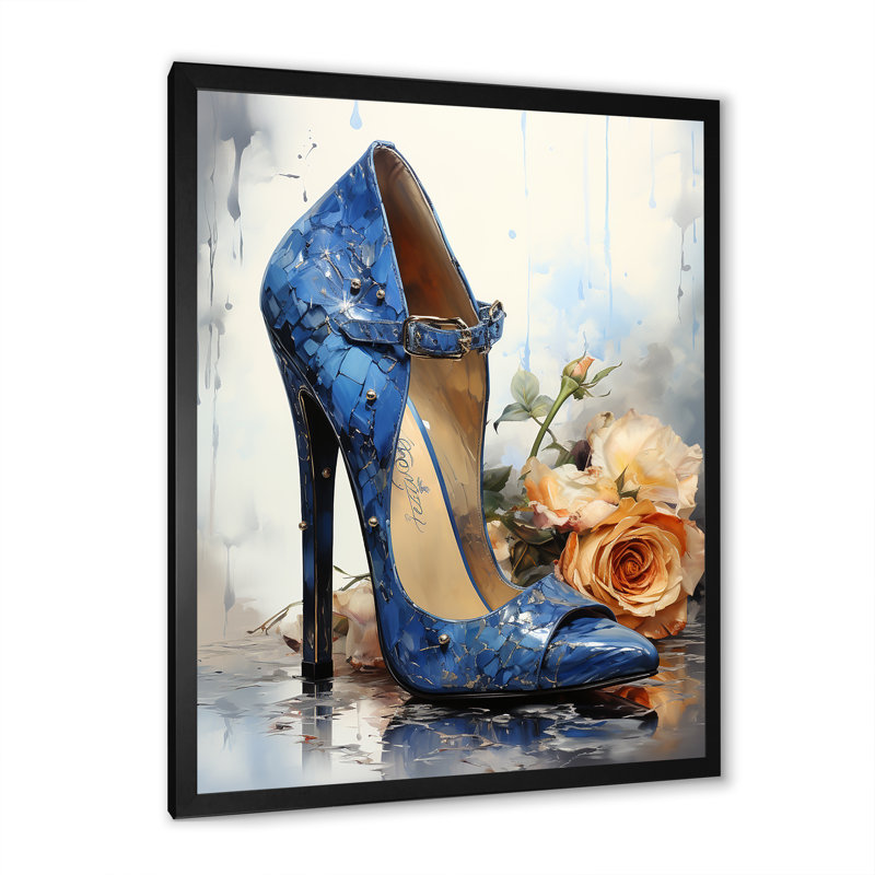 Fashion Blue High Heels, reproduction d'art sur toile, Cadre simple noir, H 32 po x l 24 po x P 1 po