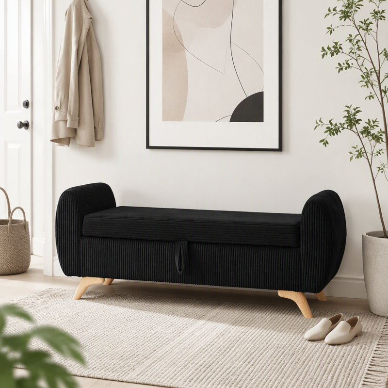 Banc rembourré en velours côtelé avec rangement 57 po, Noir