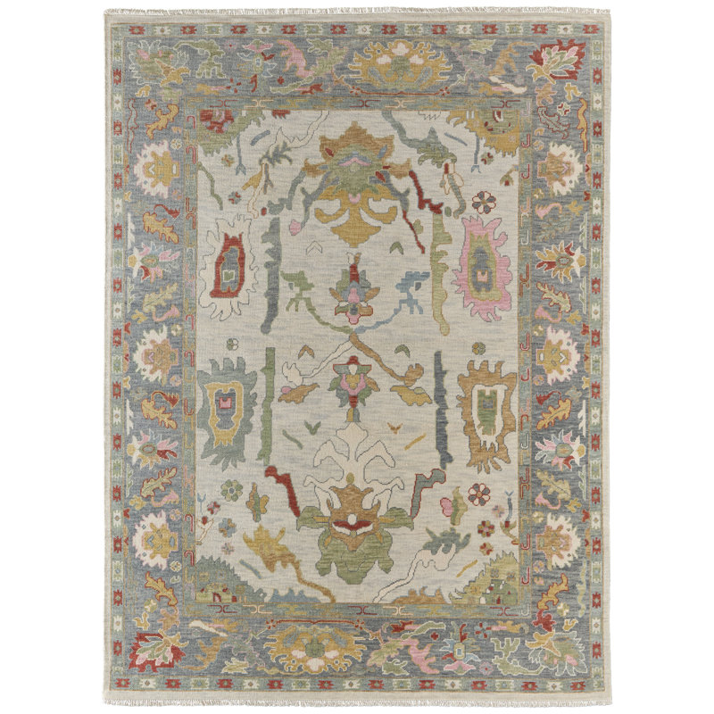 Karina Hand Knotted Wool Floral Area Rug in Blue/Gray/Rust/Gold, Rectangle 7'9" x 9'9"