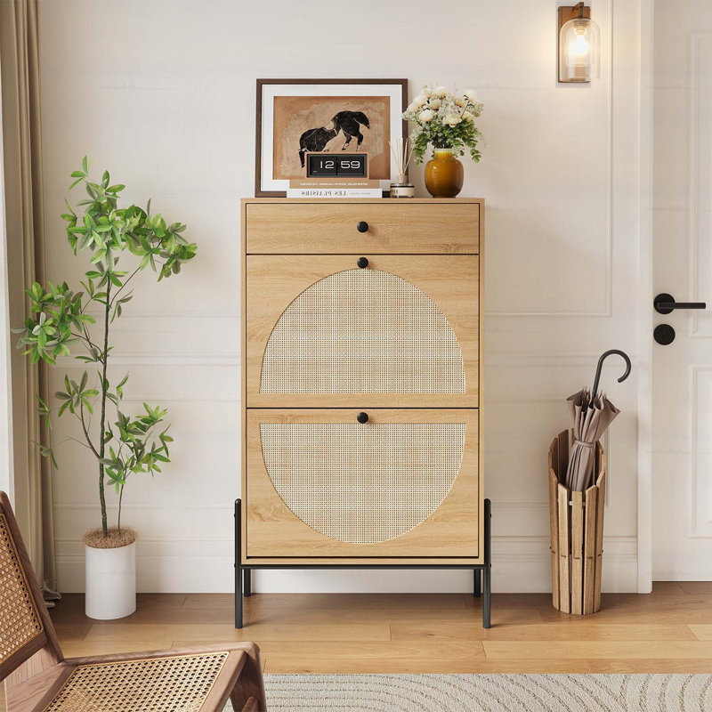 Armoire de rangement à chaussures 2 portes avec façades en rotin et tiroir