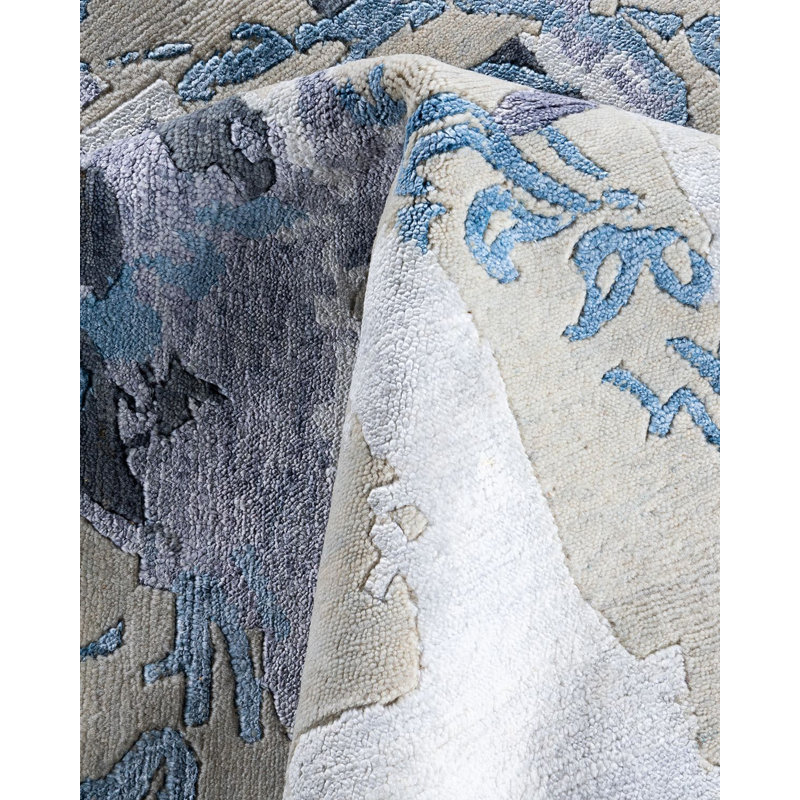 Modern Beige Hand-Knotted Wool and Silk Area Rug, 9' 4" x 12' 2"
