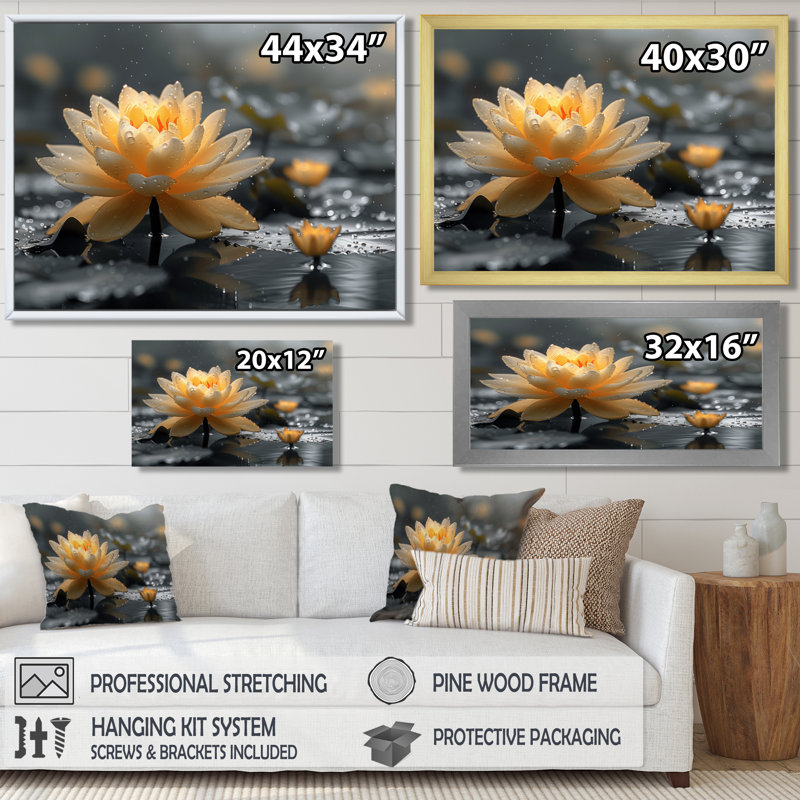 Étang de lotus tropical beige et gris I - art mural lotus, Cadre flottant brun, H 34 po x l 44 po