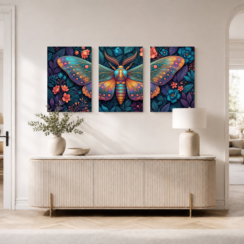 Papillon ornemental avec ailes bleu sarcelle et orange, ensemble de 3 toiles, H 36 po x l 24 po x 3 pièces