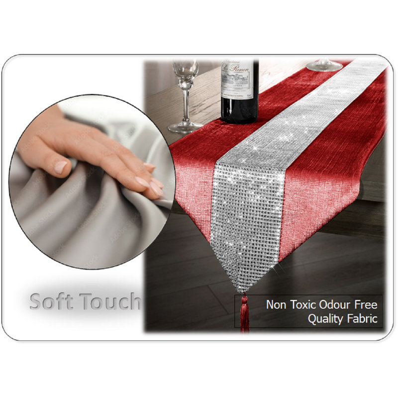 Crushed Velvet Embossed Tasselled Table Runner Sparkle Diamante Decorative Dinning Table Runner, Wrinkle Free W33 X L183cm, Black