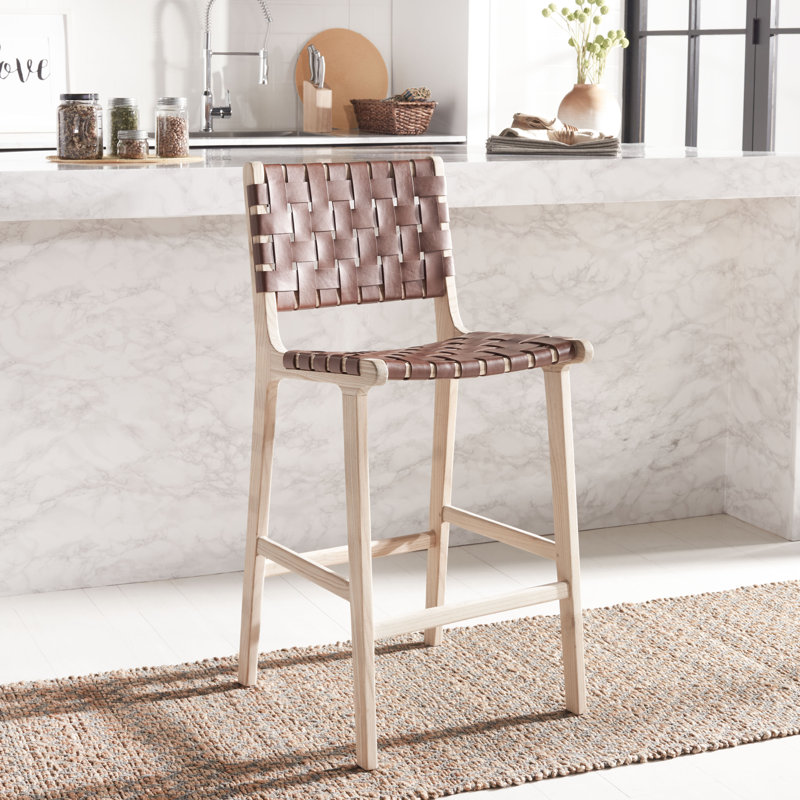 Tabouret Alston, Cuir cognac / cadre naturel sans finition, Tabouret de comptoir (siège d'une hauteur de 27,1