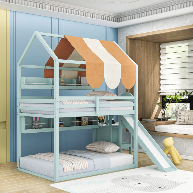 Full Over Full Bunk Bed With Playhouse Canopy, Slide, And Built-In Bookshelves, Light Green