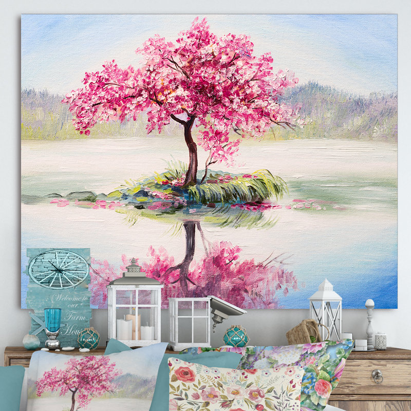 Cerisier japonais sur un petit îlot idyllique - reproduction d'art sur toile, H 24 po x l 32 po x P 1 po, Toile tendue