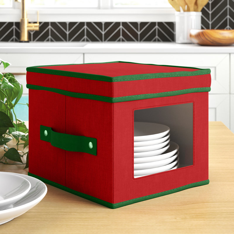Boîte de rangement pour assiettes Holiday China, rangement pour assiettes à salade, panneau avec fenêtre, cadre empilable et pliable, poignées et couvercle entièrement amovible, rouge avec bordure verte