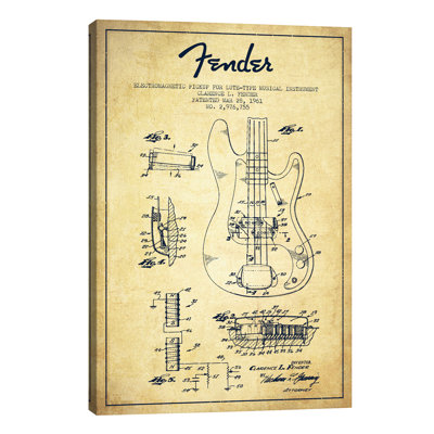 Guitar Vintage Patent Blueprint 1 Piece Wrapped Canvas Wall Art