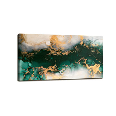 Large Abstract Wall Art,Modern Emerald Green Gold Fluid Ink Art Marble Canvas Wall Art, Emerald Green Wall Decor For Living Room Bedroom Bathroom Office Ready To Hang 48" X 24"