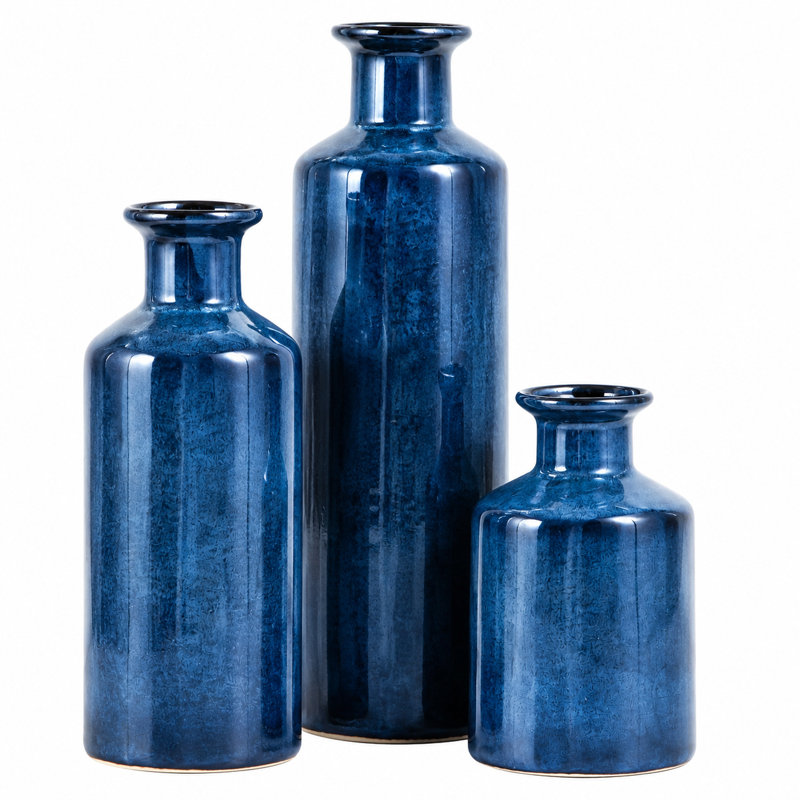 Ensemble de 3 vases en céramique bleue
