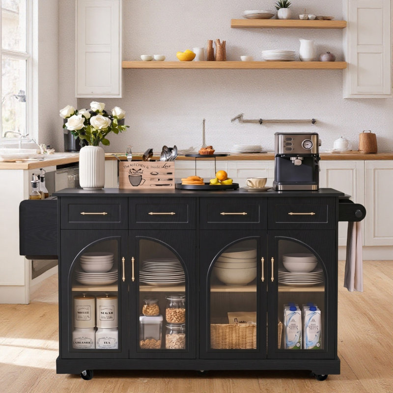Îlot de cuisine moderne avec armoires de rangement, tiroirs, porte-épices, porte-serviettes, station de charge intégrée, portes en verre arquées, abattant et roulettes