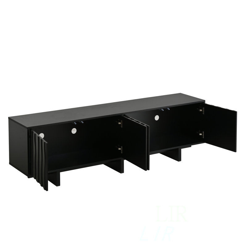 Meuble télé Sinclair 75 po avec portes ondulées et deux armoires de rangement, Noir