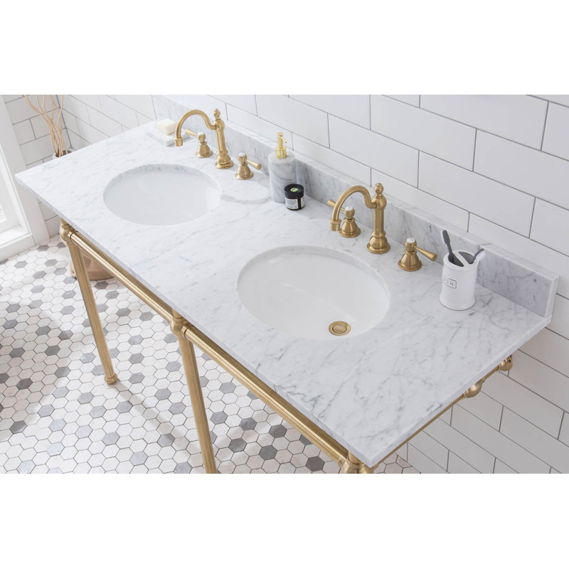 Embassy Stone Oval Console Bathroom Sink with Faucet and Overflow, Satin Brass